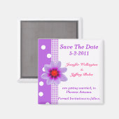 水玉模様と紫色の花日付磁石を保存 マグネット (正面/裏面)