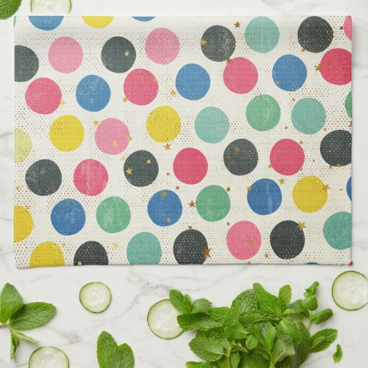 水玉模様と金ゴールド星数々の色 キッチンタオル (折り畳み)