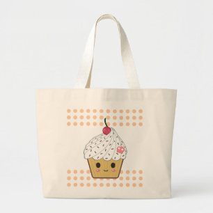 水玉模様のかわいいのカップケーキ ラージトートバッグ