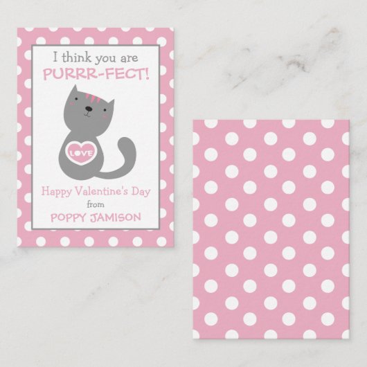 水玉模様のキティキャットバレンタインズクラスルームカード ノートカード (正面/裏面)