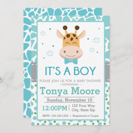 水玉模様のキリンのベビーシャワーの招待状(男の子) 招待状 (正面/裏面)