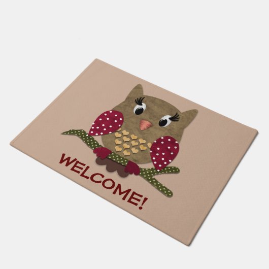 水玉模様のハートのフクロウの歓迎 ドアマット (アングル)