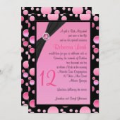 水玉模様のバルミツワーのピンクおよび黒い招待 招待状 (正面/裏面)