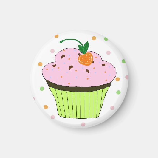 水玉模様のピンクのフロスティングのカップケーキ マグネット (正面)