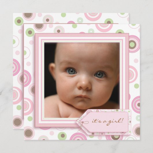 水玉模様のピンクの甘い女の赤ちゃんの誕生の発表 案内状 (正面/裏面)