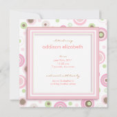 水玉模様のピンクの甘い女の赤ちゃんの誕生の発表 案内状 (裏面)