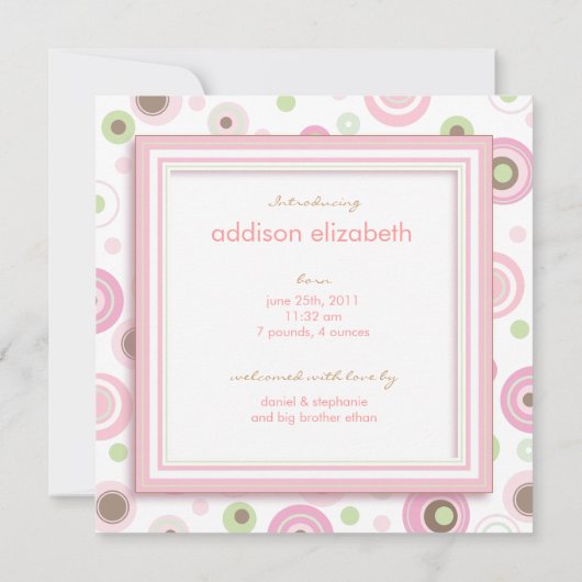 水玉模様のピンクの甘い女の赤ちゃんの誕生の発表 案内状 (裏面)