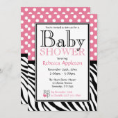 水玉模様のピンク及びシマウマのプリントのベビーシャワー 招待状 (正面/裏面)