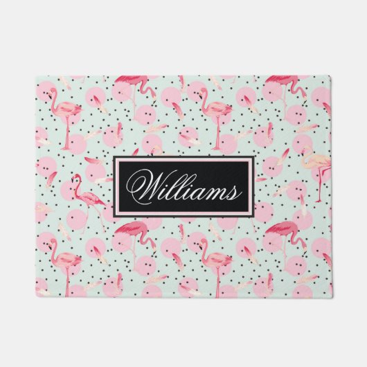 水玉模様のフラミンゴの羽は|あなたの名前を加えます ドアマット (正面)
