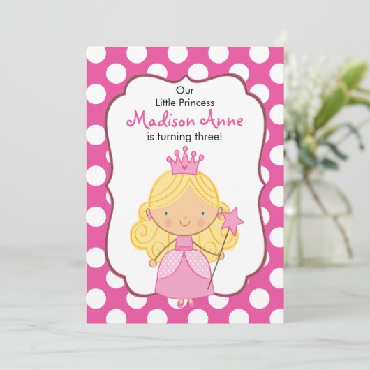 水玉模様のプリンセスの誕生日の招待状のブロンドの女性 招待状 (スタンド正面)