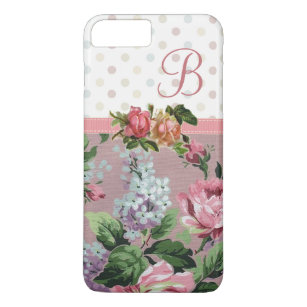水玉模様のヴィンテージの花柄のばら色のモノグラム iPhone 8 PLUS/7 PLUSケース