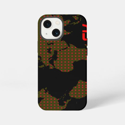 水玉模様の世界地図の赤のイニシャル iPhoneケース (裏面)