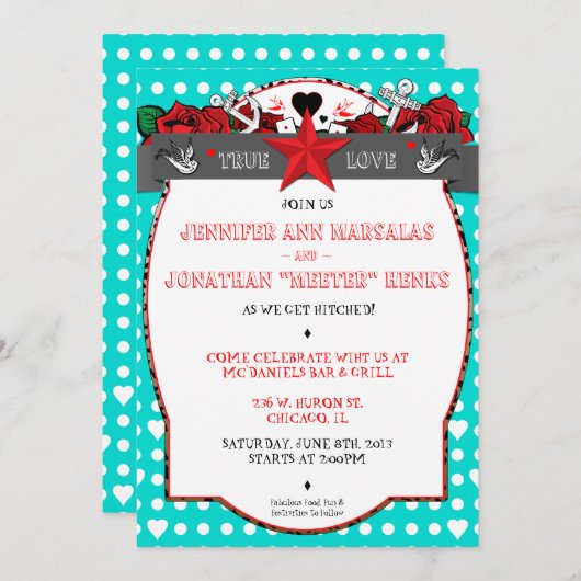 水玉模様の入れ墨のロカビリーの結婚式招待状 招待状 (正面/裏面)