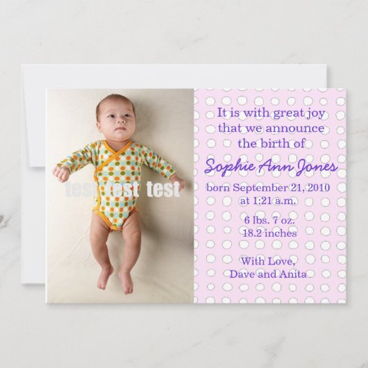 水玉模様の女の赤ちゃんの発表 案内状 (正面)