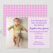 水玉模様の女の赤ちゃんの発表 案内状 (正面/裏面)