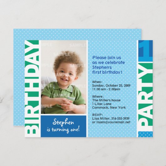 水玉模様の最初の誕生日パーティー招待状 インビテーションポストカード (正面/裏面)