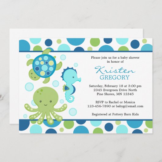 水玉模様の海のベビーシャワー招待状の│の青 招待状 (正面/裏面)