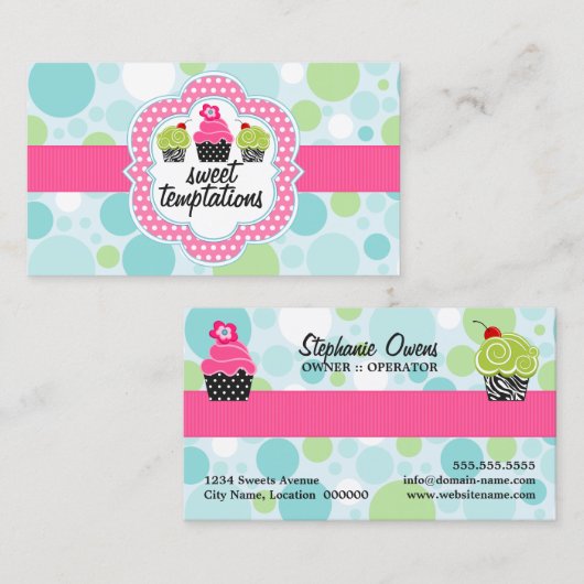 水玉模様の熱狂するなカップケーキのベーカリー 名刺 (正面/裏面)