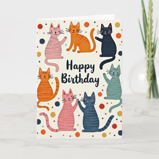 水玉模様の猫の誕生日カード カード (正面)