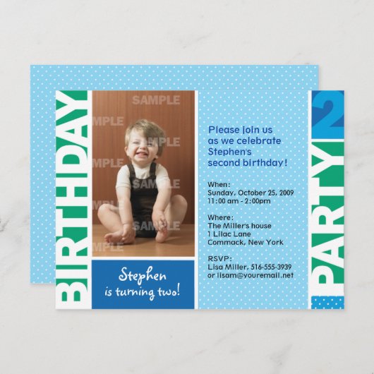 水玉模様の第2バースデーパーティーへの招待 インビテーションポストカード (正面/裏面)