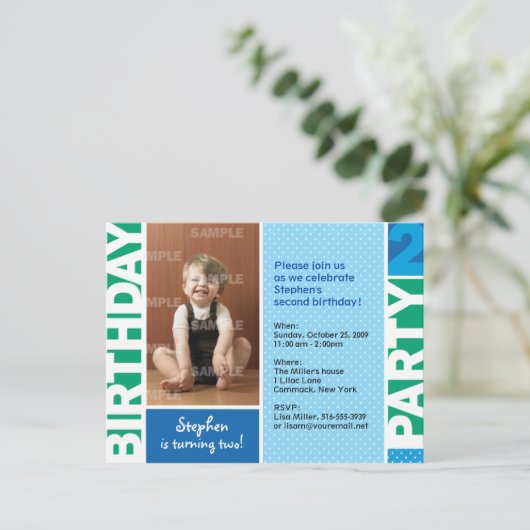 水玉模様の第2バースデーパーティーへの招待 インビテーションポストカード (スタンド正面)