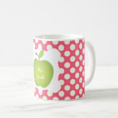 水玉模様の緑のAppleのピンクの先生 コーヒーマグカップ (正面右)