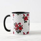 水玉模様の背景に赤いバラ。コーヒーマグ マグカップ (左)