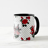 水玉模様の背景に赤いバラ。コーヒーマグ マグカップ (正面右)