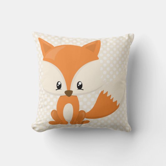 水玉模様の背景を持つ愛らしい漫画のキツネ クッション (正面)