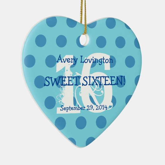 水玉模様の菓子16の誕生日V06の水および青 セラミックオーナメント (右)