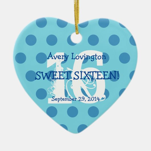 水玉模様の菓子16の誕生日V06の水および青 セラミックオーナメント (正面)