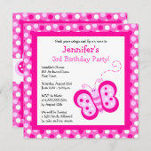 水玉模様の誕生日の招待のかわいいピンクの蝶 招待状 (正面/裏面)