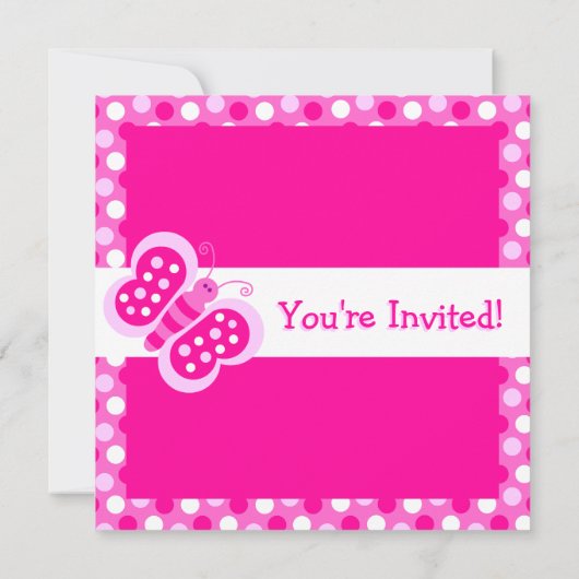 水玉模様の誕生日の招待のかわいいピンクの蝶 招待状 (裏面)