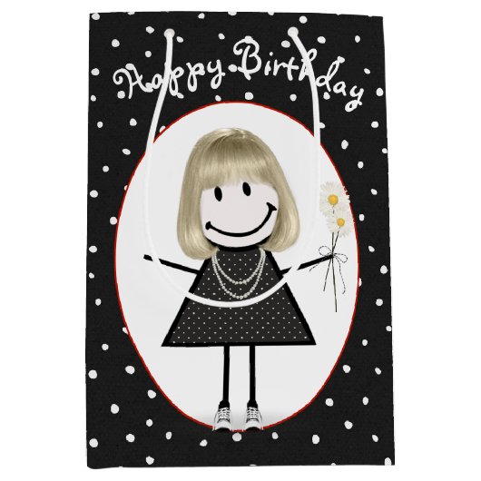 水玉模様の誕生日の棒人間女子 ミディアムペーパーバッグ (正面)