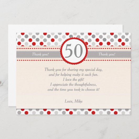 水玉模様の赤い灰色のパーティーのサンキューカード サンキューカード (正面/裏面)