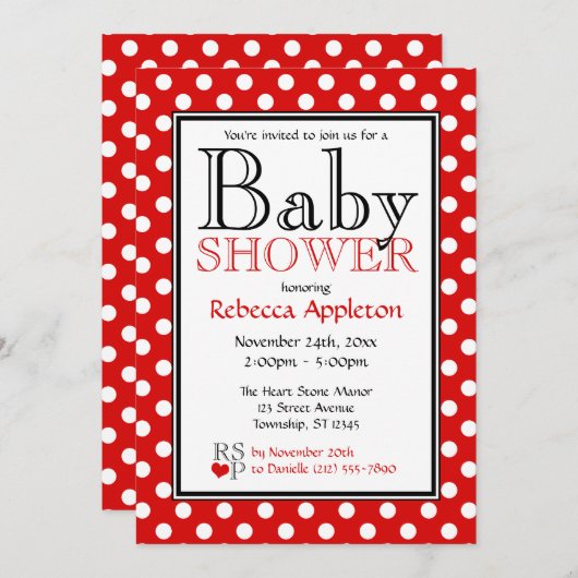 水玉模様の赤のベビーシャワー招待状 招待状 (正面/裏面)