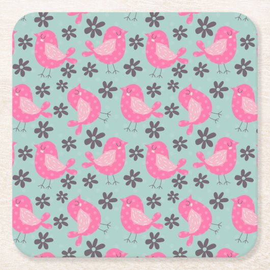 水玉模様の鳥花 スクエアペーパーコースター (正面)