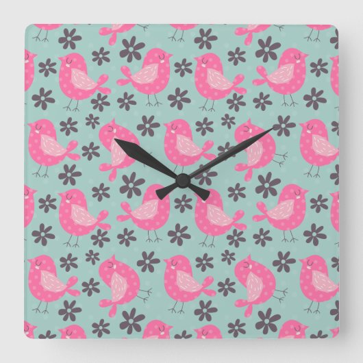 水玉模様の鳥花 スクエア壁時計 (正面)