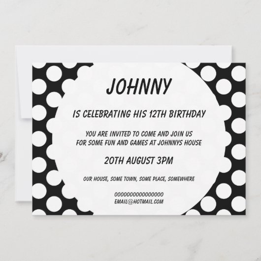 水玉模様のBlack Birthday Party Invitation 招待状 (正面)