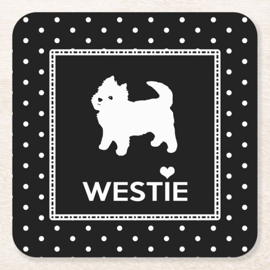 水玉模様のWestie犬-西の高地テリア スクエアペーパーコースター (正面)