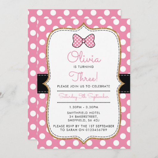 水玉模様をテーマにした誕生日パーティーの招待状 招待状 (正面/裏面)