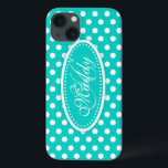 水玉模様アクアipadティール（緑がかった色） iPhone 13ケース<br><div class="desc">女子モダンブライトティール（緑がかった色）水玉模様パターン（の模様が）あるグラフィックケース。あなたのipadをパーソナライズしたり、女性や女の子のための特別なクリスマスや誕生日の贈り物として完璧10代のである。名前とイニシャルでパーソナライズ次の例読: Maddy K.デザインby Sarah Trett.</div>