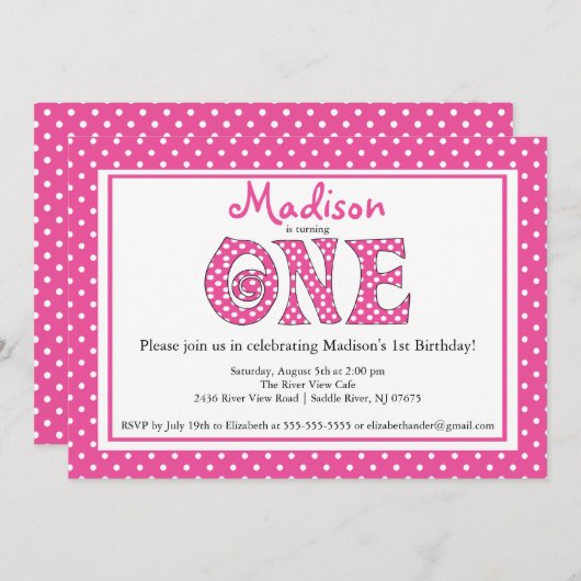 水玉模様アルファベットの初誕生日パーティーの招待 招待状 (正面/裏面)