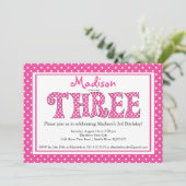 水玉模様アルファベット第3誕生日パーティーの招待 招待状 (スタンド正面)