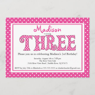 水玉模様アルファベット第3誕生日パーティーの招待 招待状