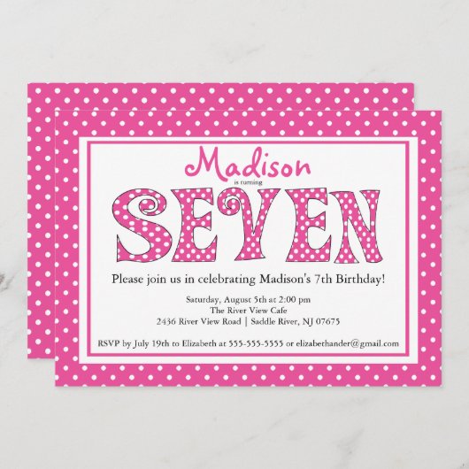 水玉模様アルファベット第7誕生日パーティーの招待 招待状 (正面/裏面)
