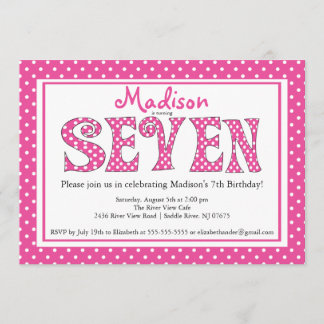 水玉模様アルファベット第7誕生日パーティーの招待 招待状