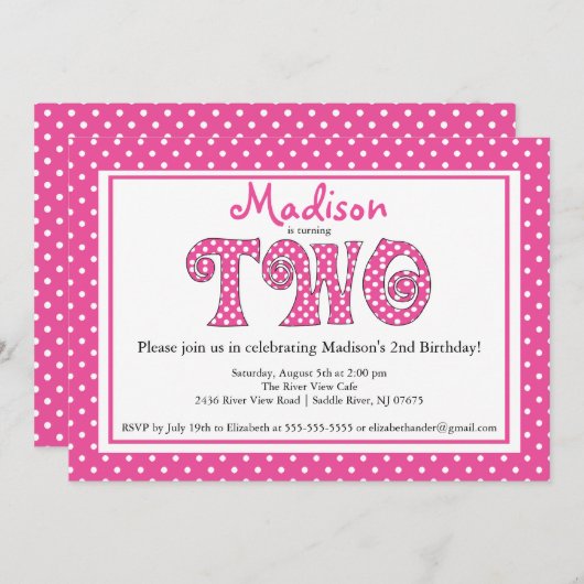 水玉模様アルファベット2歳の誕生日パーティの招待状 招待状 (正面/裏面)