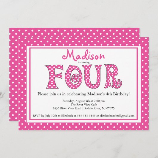 水玉模様アルファベット4歳誕生日パーティの招待状 招待状 (正面/裏面)