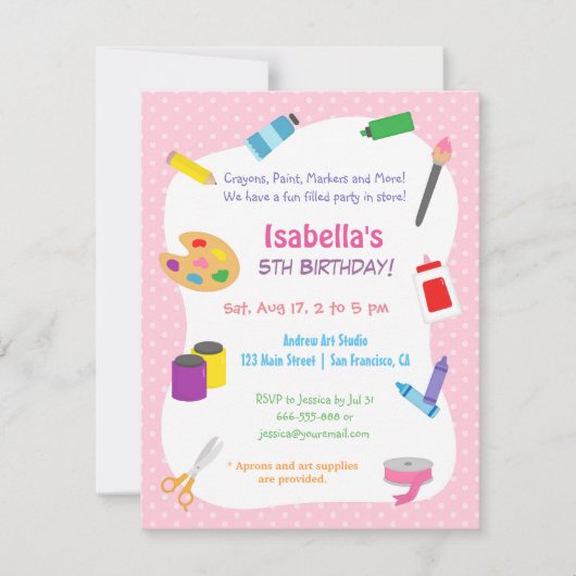 水玉模様アーツ&クラフツ子供の誕生日パーティー 招待状 (正面)